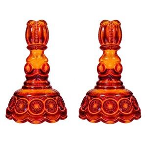 LE SMITH VINTAGE GLASS AMBERINA CADMIUM GLOW MOON AND STARS CANDLESTICKS